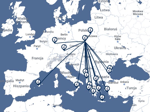 Mapa letov LOT Polsko